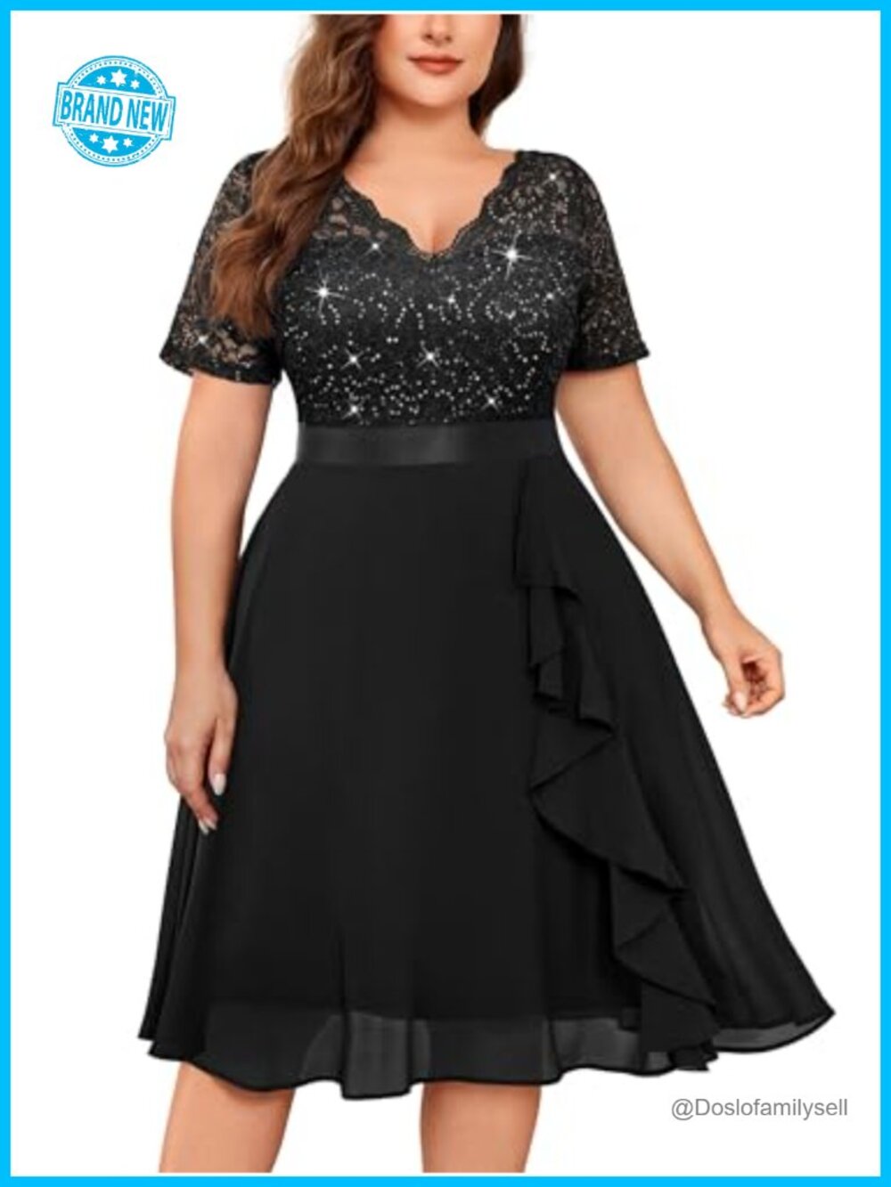 Plus Size Sequin Lace Ruffle Cocktail Party Dress